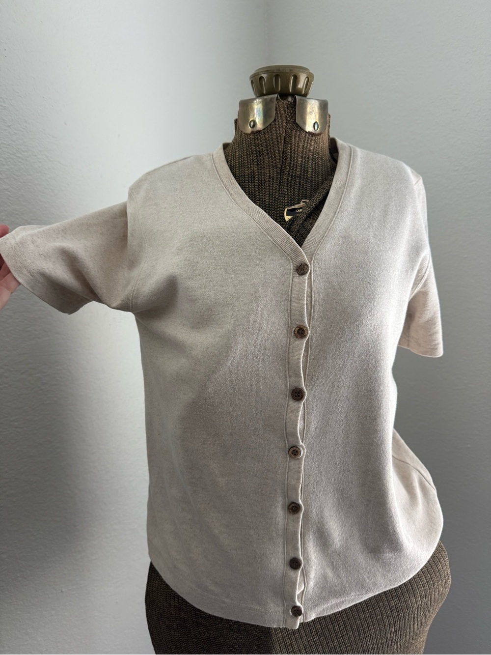 Vintage Natural Fiber Short-Sleeve Button-Front Women's Sweater